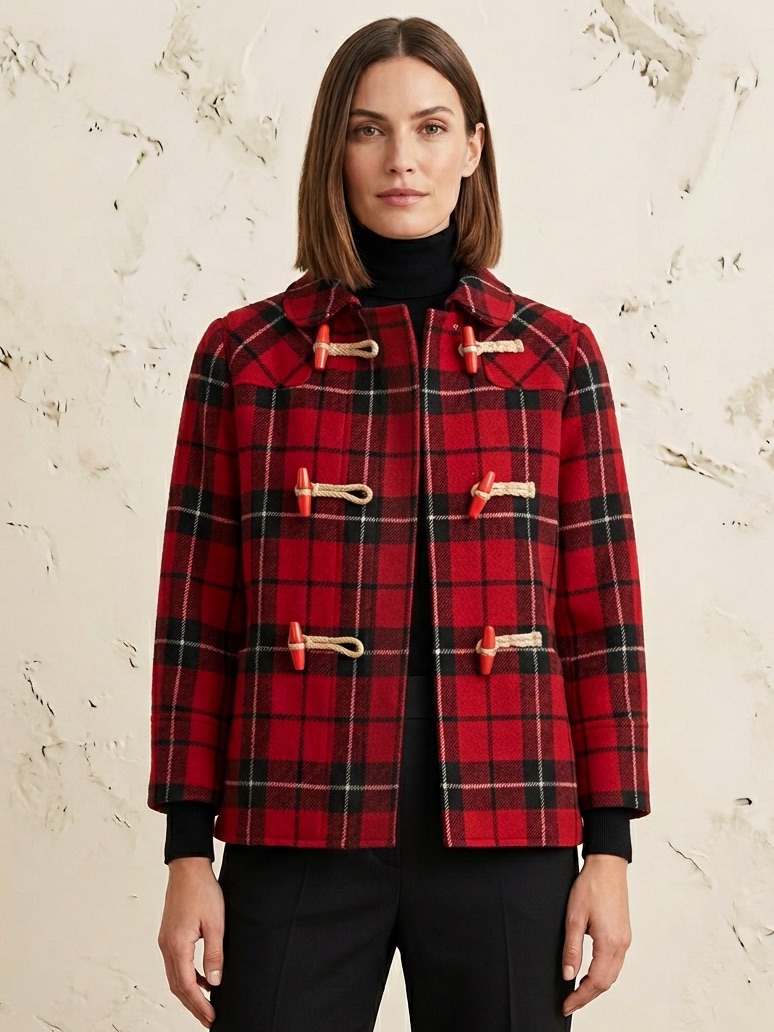 See By Chloe Red Plaid Wool Blend Toggle Closure Jacket Size 4